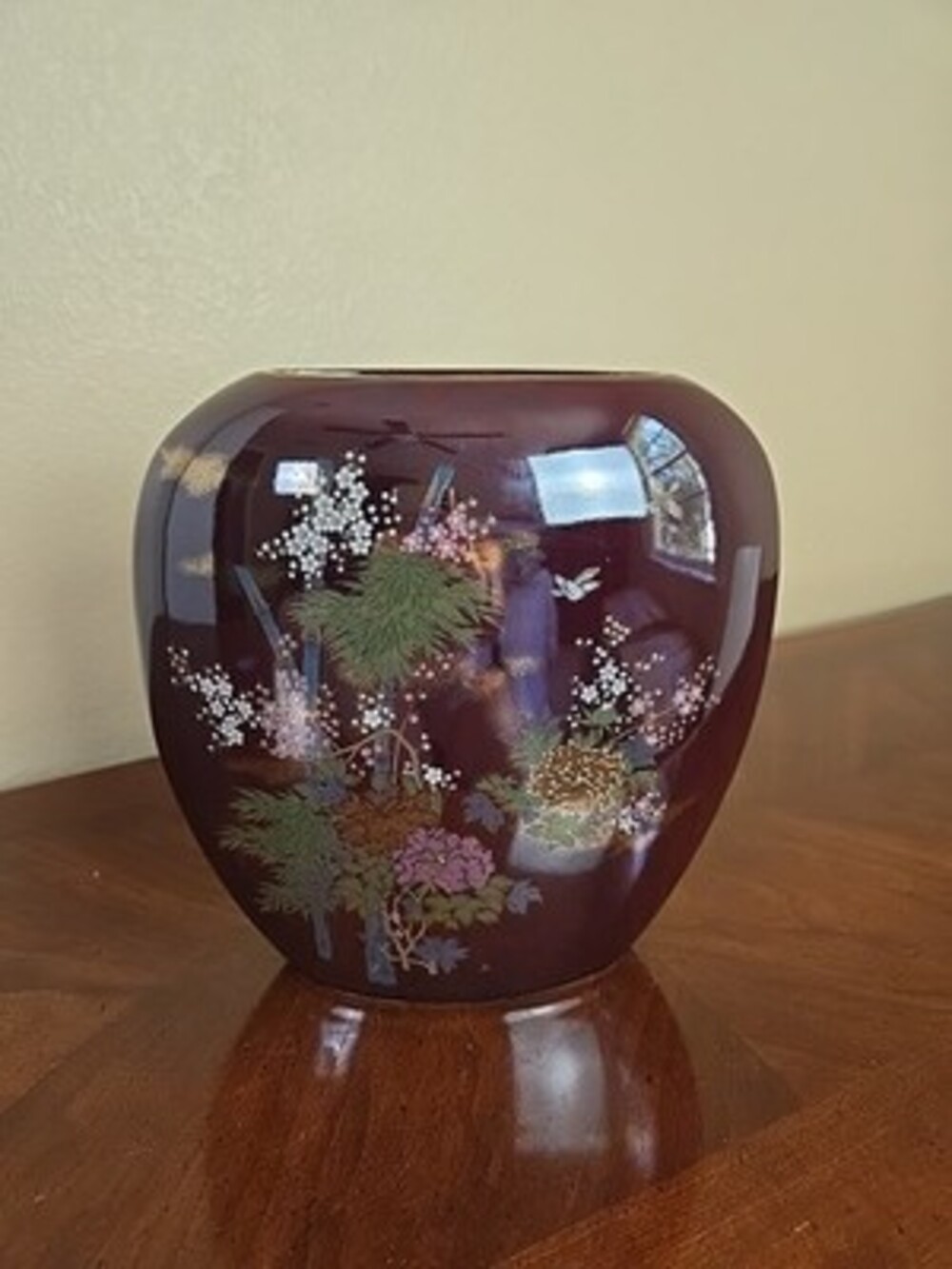 Vintage Home Decor 1970s Japanese Ceramic Vase Floral Brown w/ Gold Accents